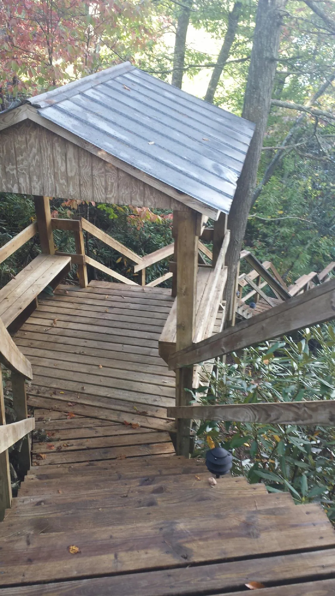 Metal roofed shelter over wooden steps on a wooded walkway — Skylight Repair & Installation work by our crew in Ronan